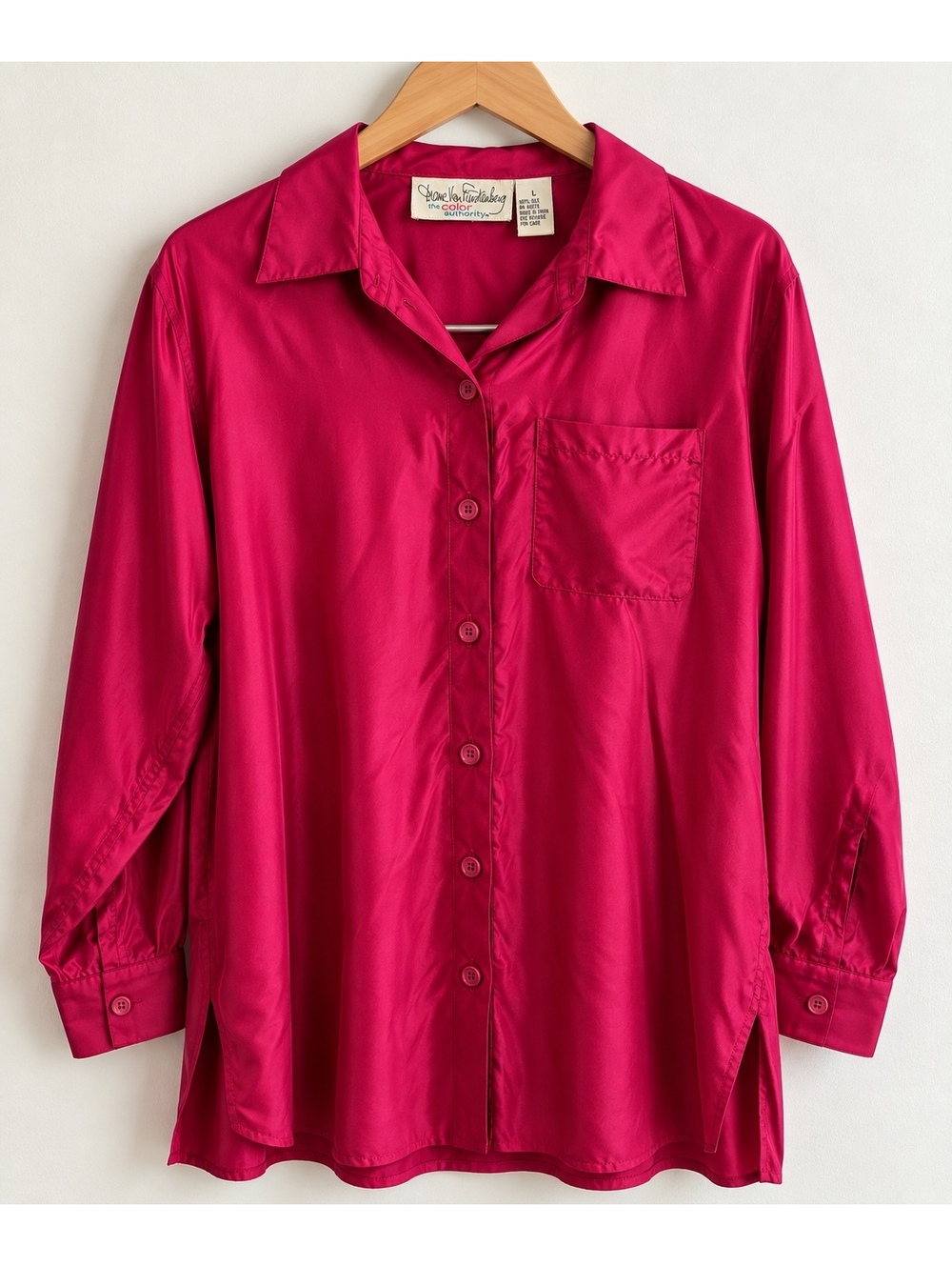 Vtg 80s DVF Diane von Furstenberg Silk Button up blouse. Hot Pink Fuchsia.Large